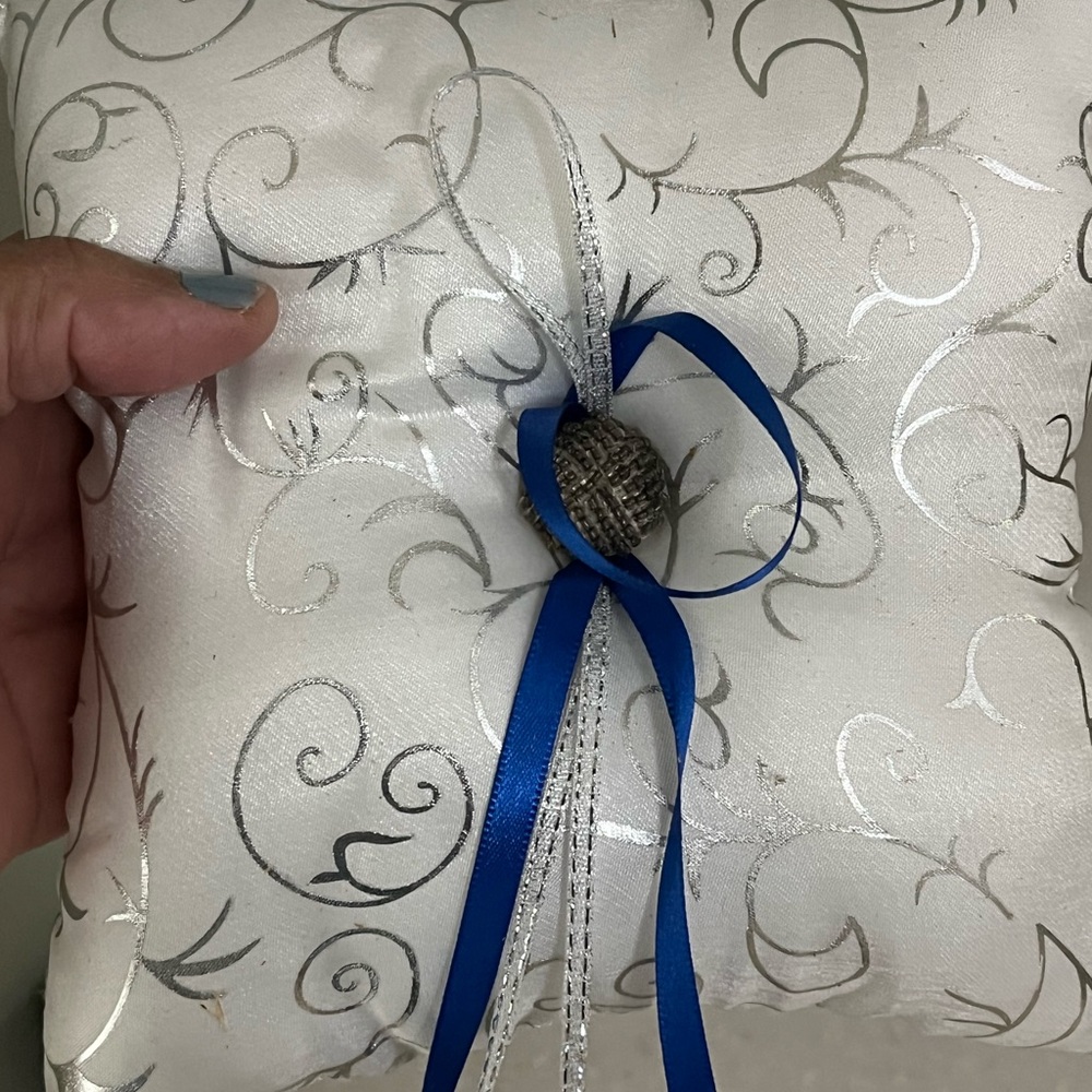 White and Silver Wedding Ring Pillow